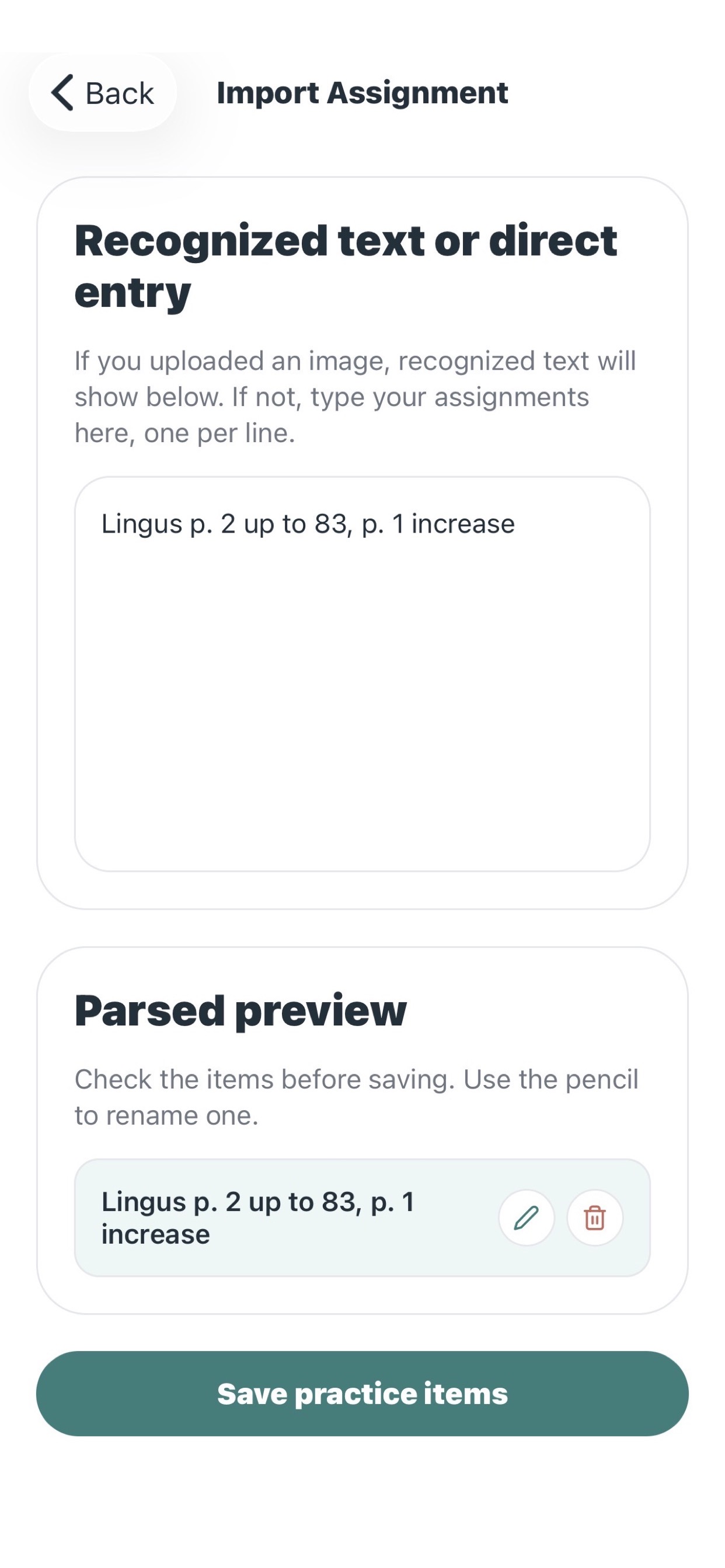 Sorane import screen with typed assignment text ready to save.