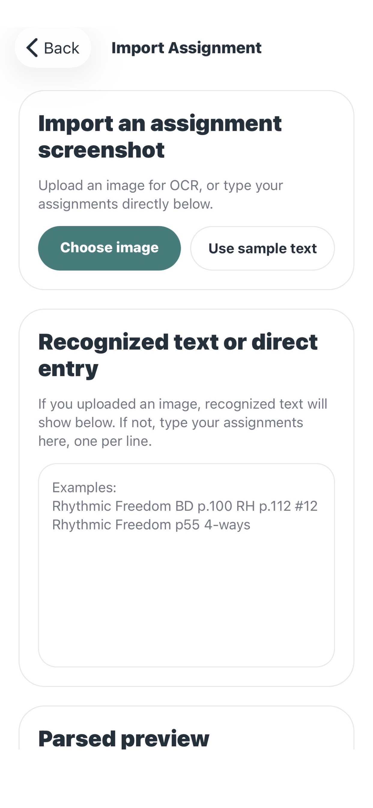 Sorane import screen showing OCR text review and parsed practice items.