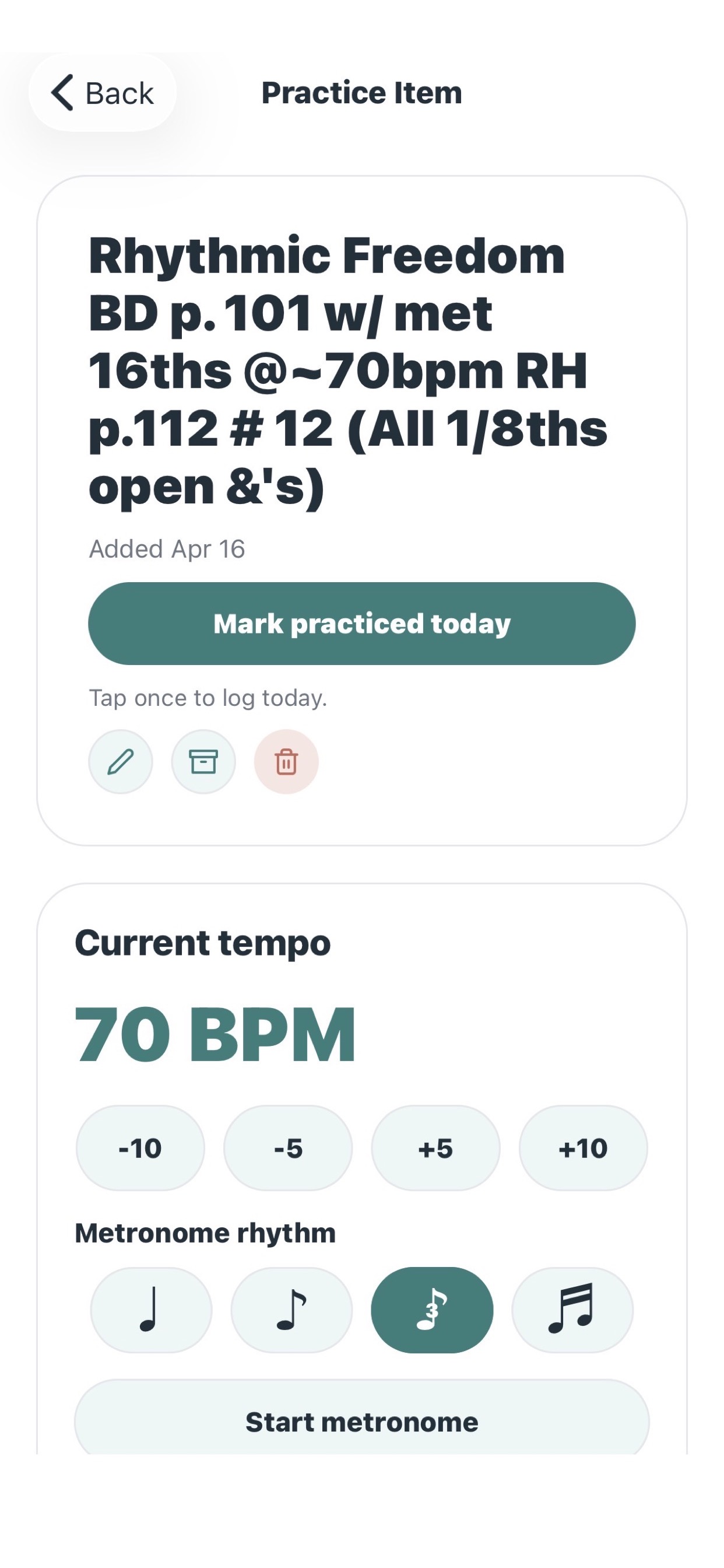 Sorane practice item screen with BPM controls and built-in metronome.