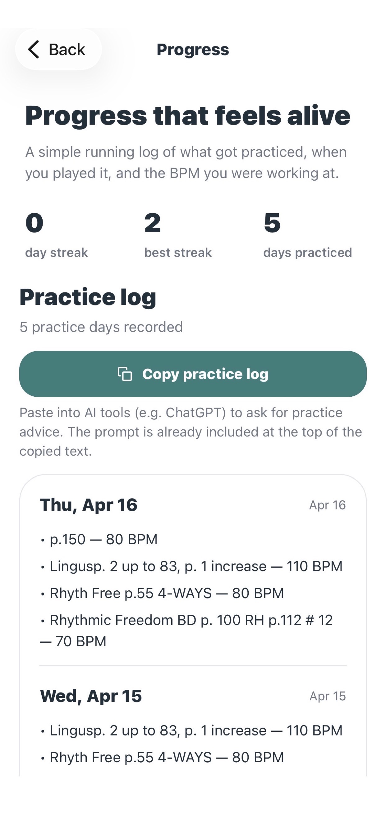 Sorane practice log screen showing dated entries and a copy practice log action.