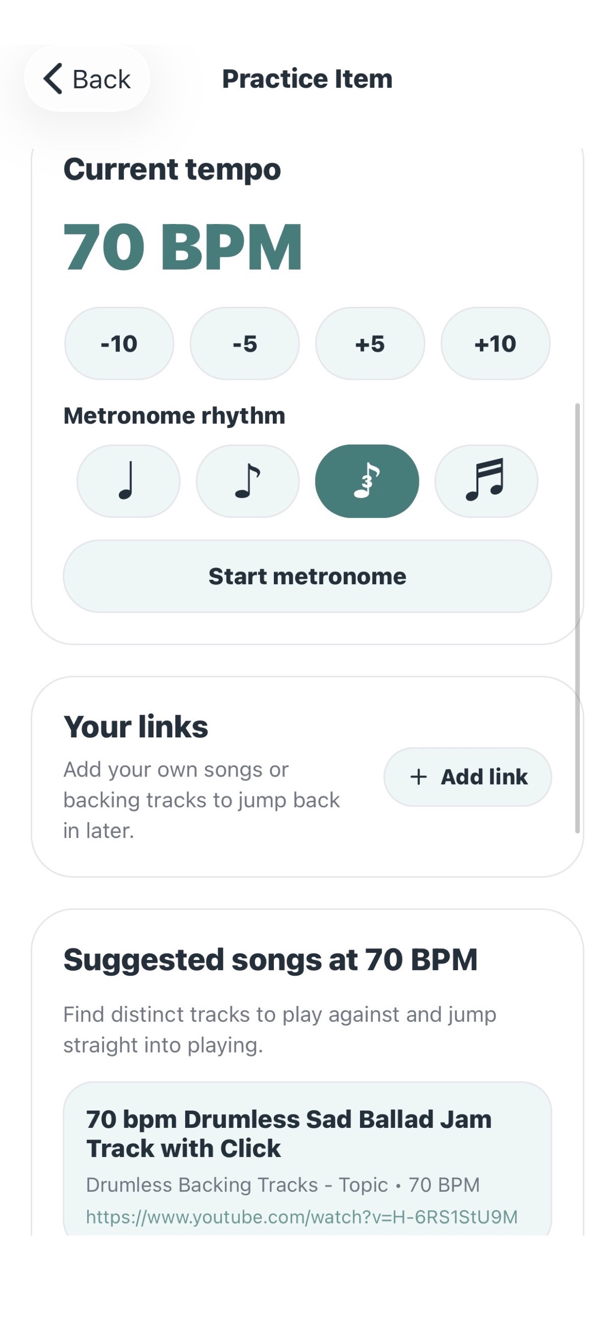 Sorane practice item screen showing suggested songs and saved practice links.